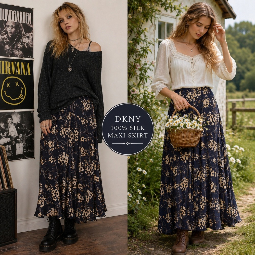 Vintage DKNY 100% Silk Maxi Skirt 12 Dark Floral Navy Beige Y2K Romantic Grunge